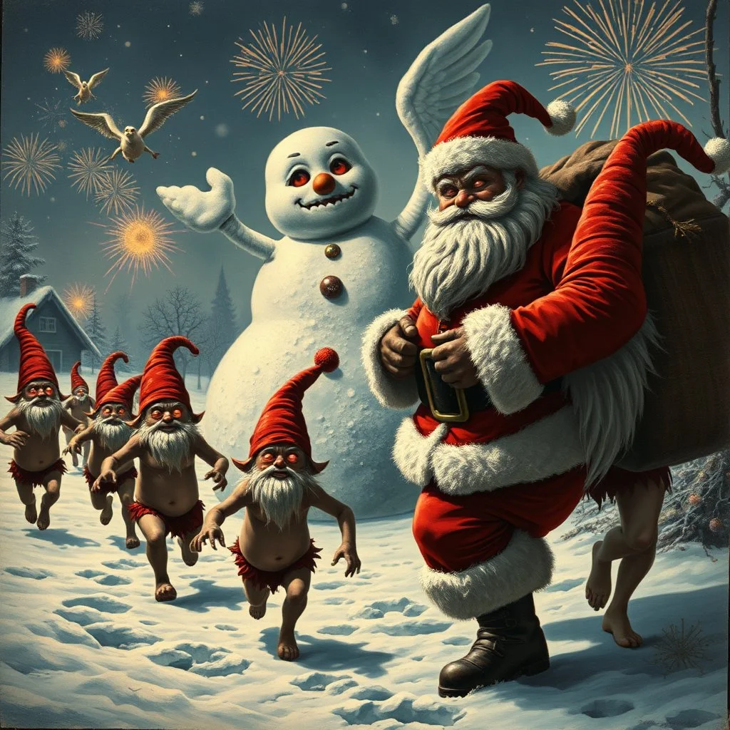 there is no kebabs at christmas, evil Santa, evil naked gnomes running around, staring flaming eyes, evil naked Rudolf, very big evil melting angry Frosty the snowman in background, 1940 christmas postcard, Flying angels, fireworks, Tim burton style