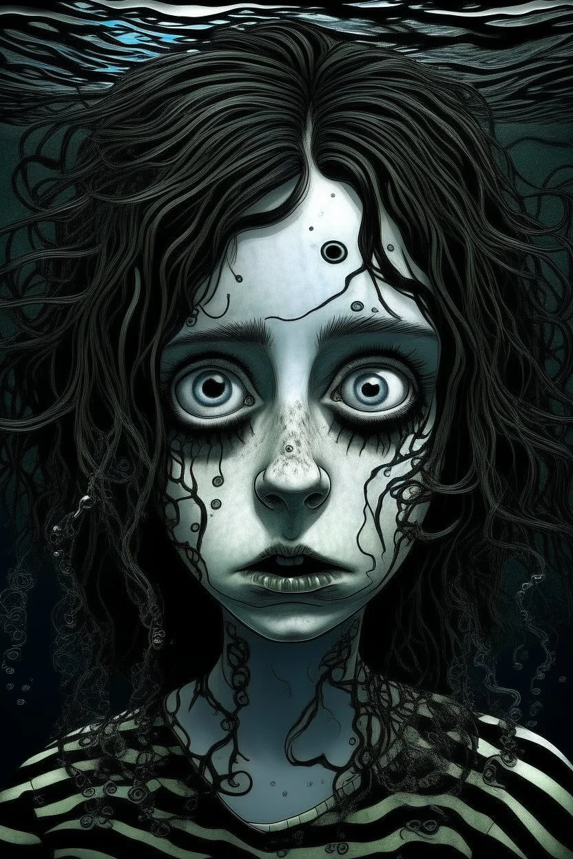 20 year old woman, sunken face, Tim Burton style, full figure