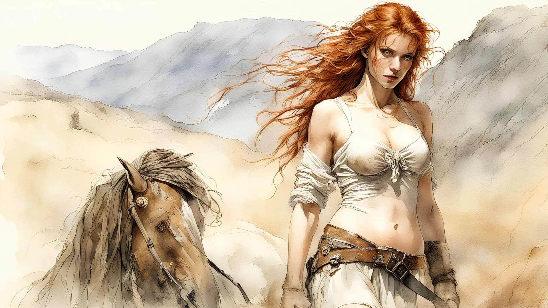 Hyper-photorealistic watercolor art style by Luis Royo , ginger-haired woman with natural skin tones, hyperdetailed face, full body diagonal shot, encounters male bandits in dark fantasy countryside setting, absence of mysterious elements, dramatic lighting, ultrafine detail, octane rendering., by