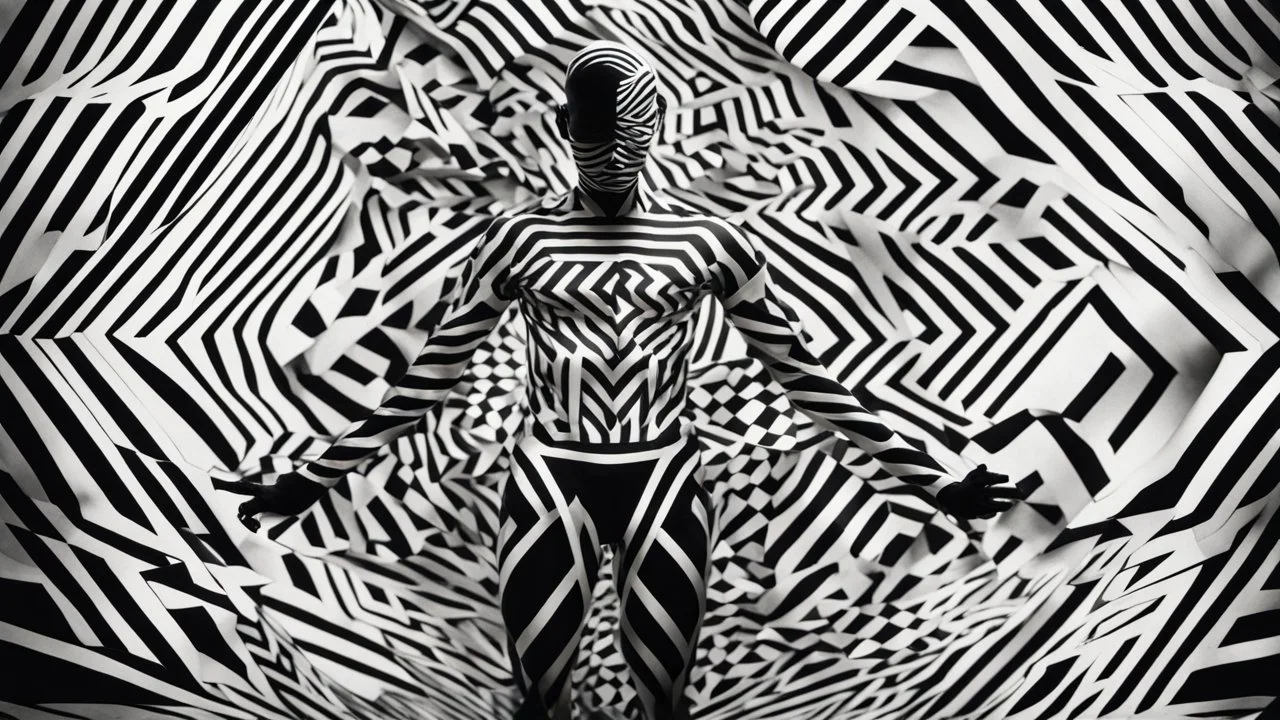 An abstract black and white image showing a person with their body patterned with geometric shapes and lines, creating a striking optical illusion effect.