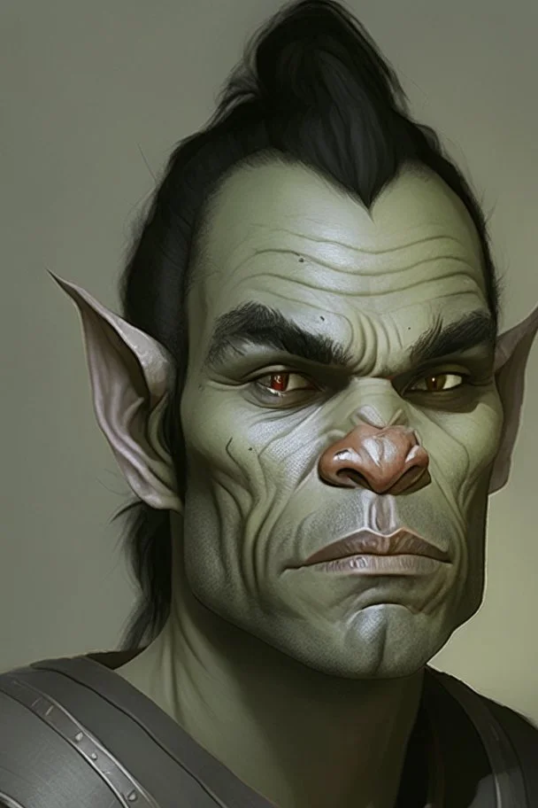 Portrait of an half-orc, grey skin, proud look, short dark hair