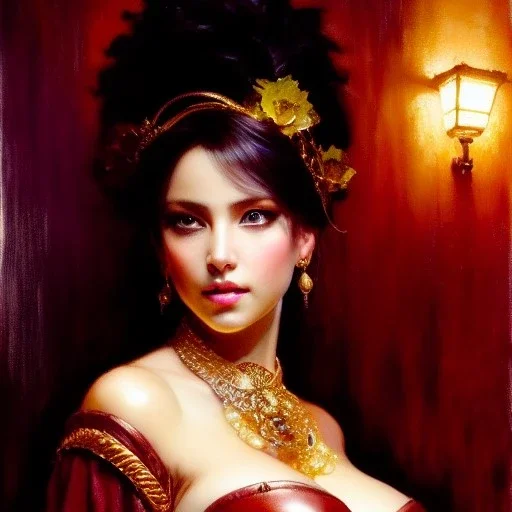 Drawing of beautiful face busty tavern wench,sweet stare,ancient leather armor, balanciaga fashion clothe painting by gaston bussiere, greg rutkowski, yoji shinkawa, yoshitaka amano, tsutomu nihei, donato giancola, tim hildebrandt, oil on canvas, cinematic composition, extreme detail,fit full head inside picture,16k