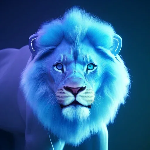 A beautiful portrait of a cyborg lion blue neon color scheme, high key lighting, volumetric light high details psychedelic background