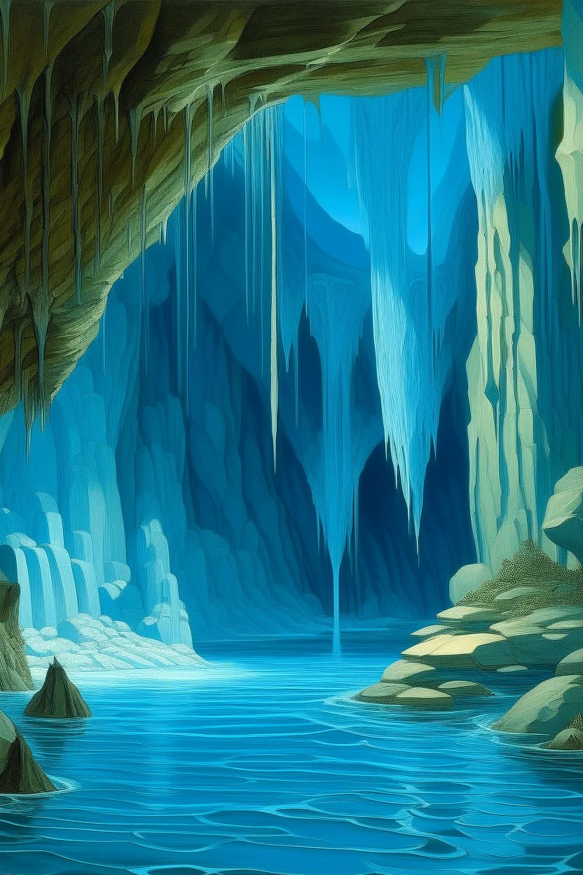 A blue cave with a waterfall designed in Navajo baskets painted by Peter Carl Faberge