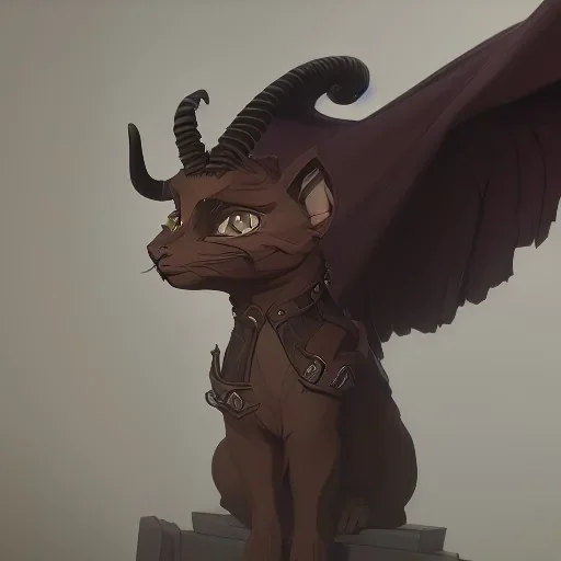 A cat gargoyle with goat horns and wings the size of a cat Nick Harris style