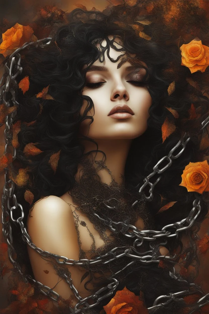 abstract creation of a beautiful girl with black curly hair, surrounded by black roses, wrapped in thick metal chains, glass petals on the ground, autumn and bright colours,dried out thorn bush, chaos,