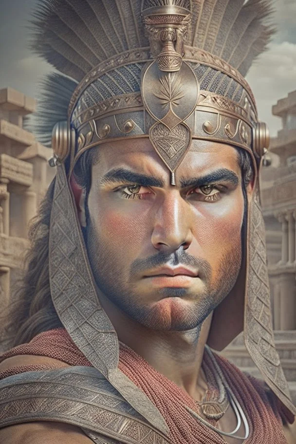 Mesopotamian warrior, expression serious, aura, portrait, background Mesopotamian city
