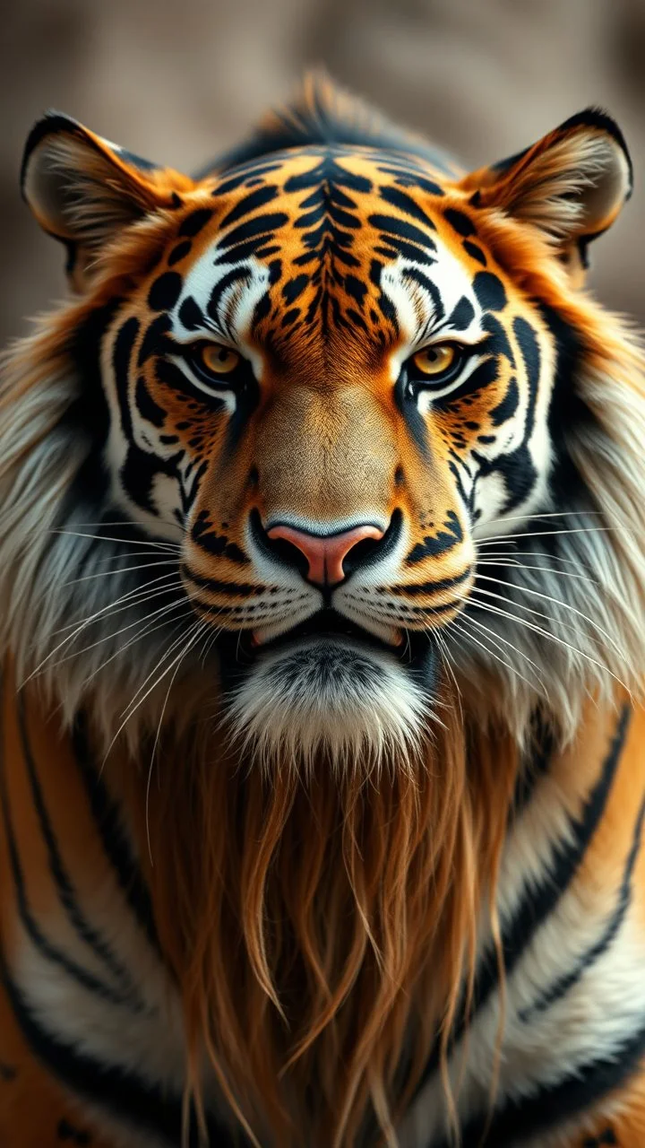 Tiger front view with human look face and long hair and beard looks like an ancient Sumerian gods