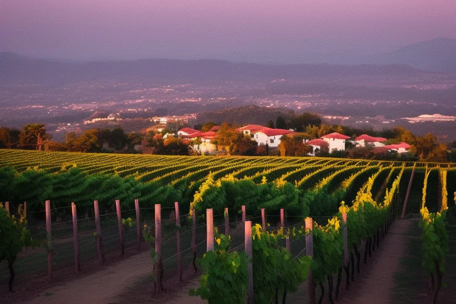viñedos al atardecer con un pueblo al fondo, fotografía real, foto periodismo, fotografía realizada con una cámara Leica y un objetivo de 50mm