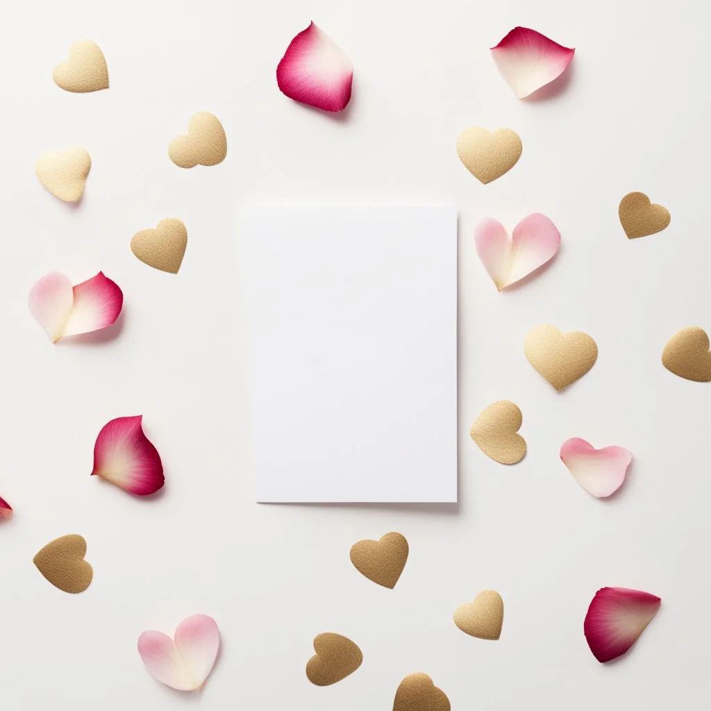 A photo of a white card, 5.5 by 4.25 inches. The card is vertically positioned on a beautiful white surface, positioned between rose petals and litte golden hearts.