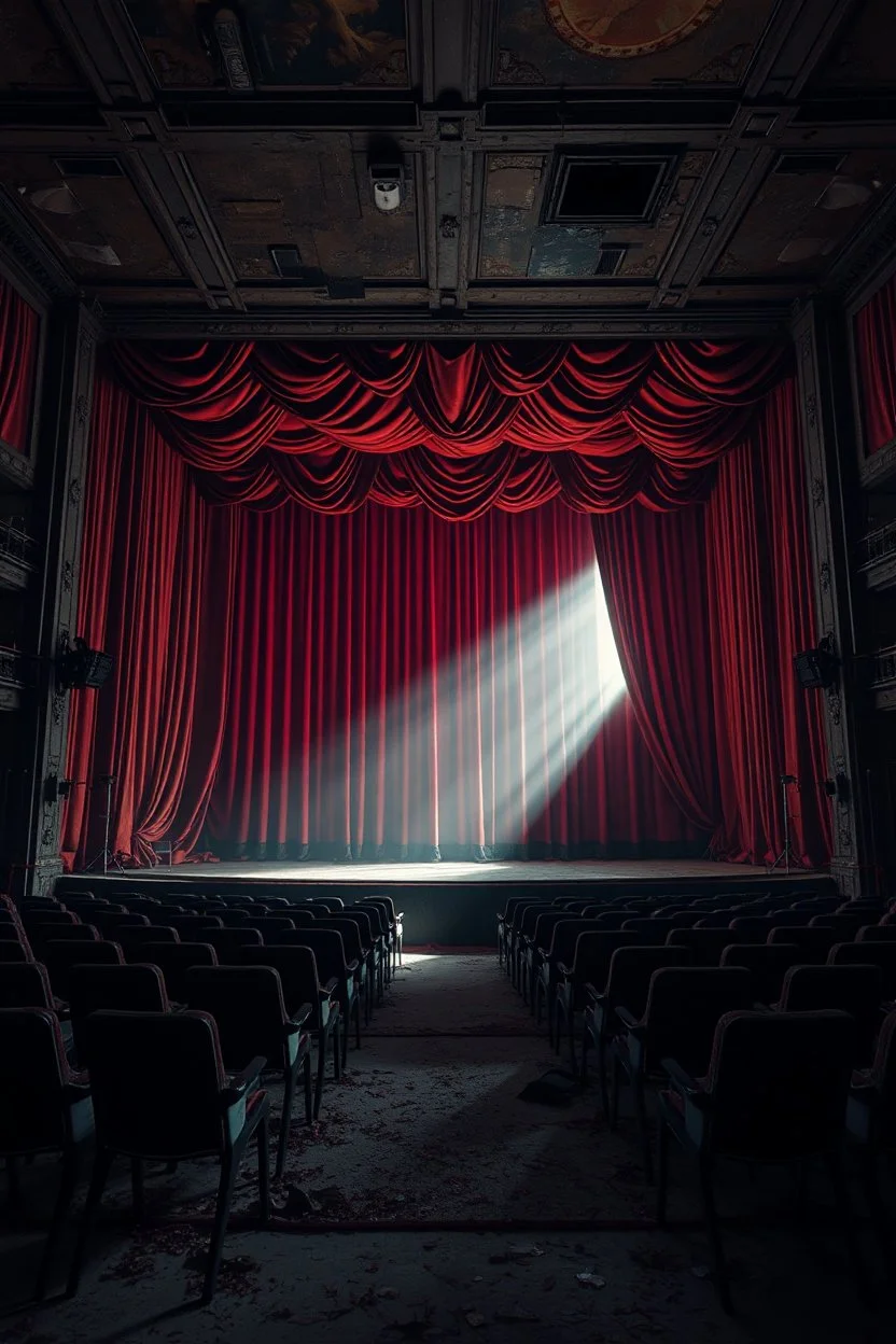 Bosch nightmares paint inf style an abandoned theater stage with roped curtains and damaged chairs ,insanely detailed octane render trending on artstation, 8k artistic photography, photorealistic concept art, soft natural volumetric cinematic perfect light, chiaroscuro, award-winning photograph, masterpiece, oil on canvas, Raphael, Caravaggio, Greg Rutkowski, people, beksinski, Giger