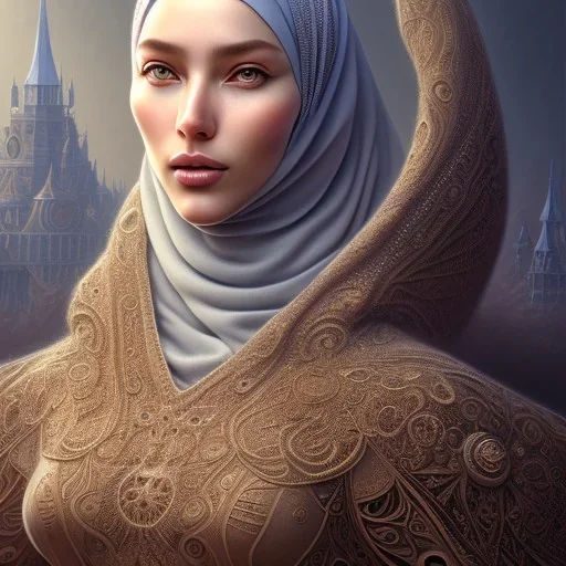 close up portrait of woman in hijab, fine detail, highly intricate, modern surrealism painting, defined cracks and breaks, high-quality, volumetric lighting, 8k, ultrahd, George Grie, Marco Escobedo, Igor Morski,Brian Froud, Howard Lyon, Selina French,