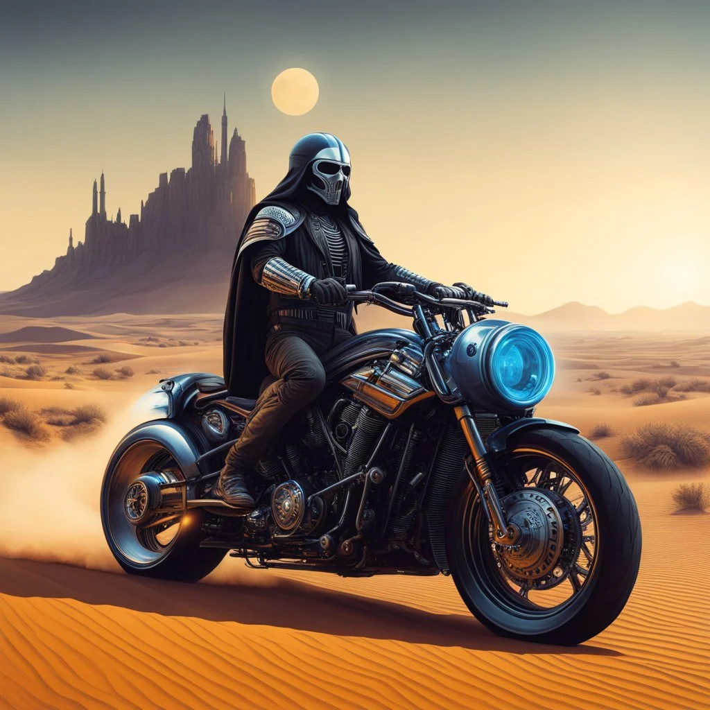 Jesus Christ rides (sci-fi concept design, cyberpunk style motorcycle with big engine, in the desert, H. R. Giger, Moebius style)