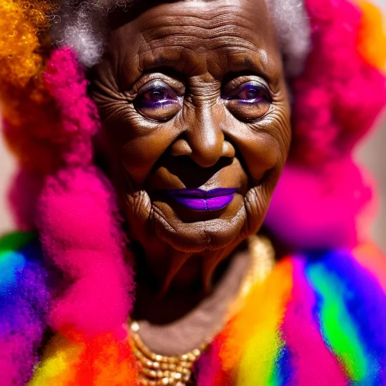 masterpiece, best quality, old woman, dark skinned, sparkling eyes, fluorescent skin, colorful makeup, afro, head shot, highly detailed body, sun light, 4K, RAW, depth of field, high contrast, realistic details, 24mm