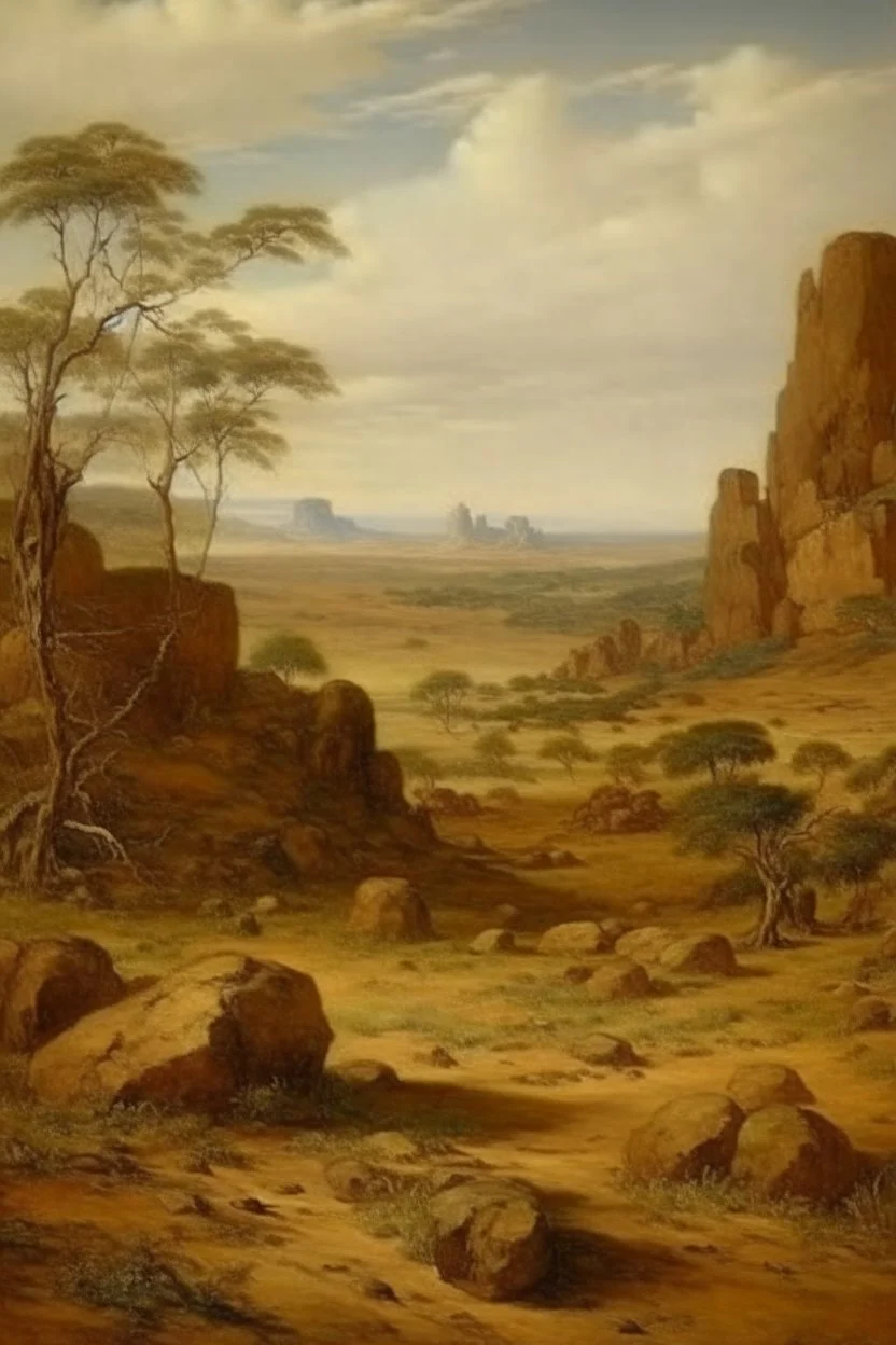 A brown savanna with block shaped rocks painted by Albrecht Durer