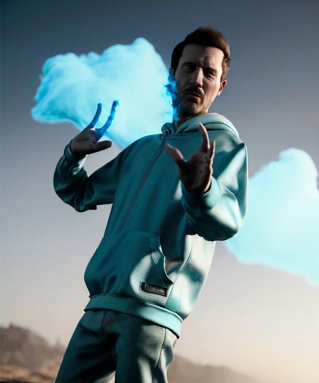 Realistic image, waist up view, a guy making the fuck you gesture with his hand, blue smoke coming out of his nose and mouth. Latex cloth, inflatable hoodie, soft color, highly detailed, unreal engine 5, ray tracing, RTX, lumen lighting, ultra detail, volumetric lighting, 3d, finely drawn, high definition, high resolution.