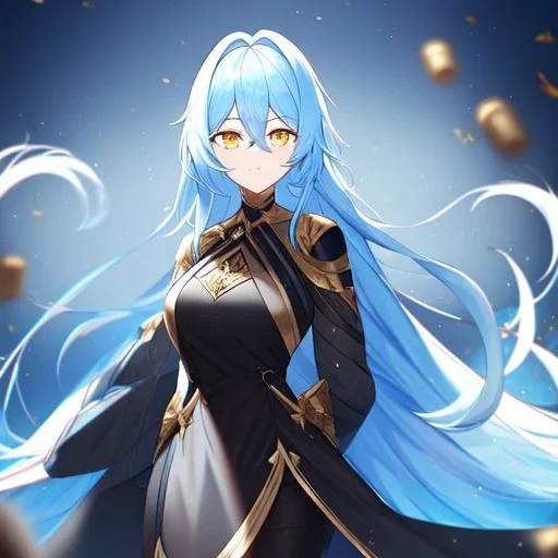 Clear focus, High resolution, Long light blue fluffy hair, hair between eyes, yellow eyes, wearing black magma shorts, detailed outfit, blue and black outfit, gold accessory