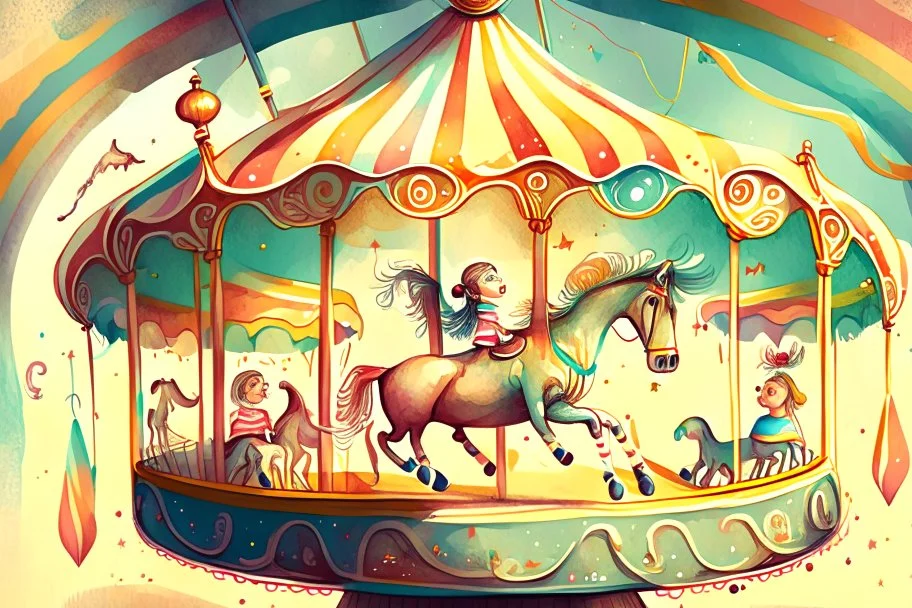 Carousel, drawing, illustration, children book style, realistic, high resolution, colorful