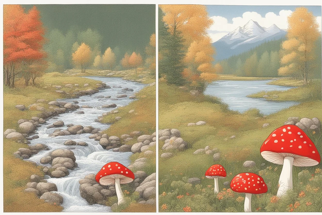 The image is divided vertically by a river, in which clocks flow instead of water. In the background are snow-covered mountains, on the left bank of the river an autumn forest with deciduous trees, and at the base of one of them a red mushroom with white spots. On the right bank of the river, a spring green meadow with wild flowers, butterflies fluttering, bunnies scurrying in sunshine. Watercolor on wet paper, soft strokes, shading pastel colors, reflection, mist, fog.