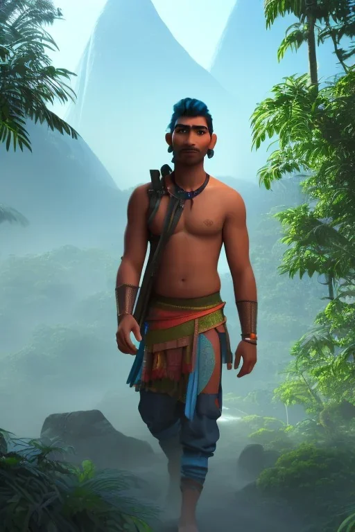 3D render of a cyberpunk indian young man, on a dark blue jungle background, digital art by Greg rutkowaski