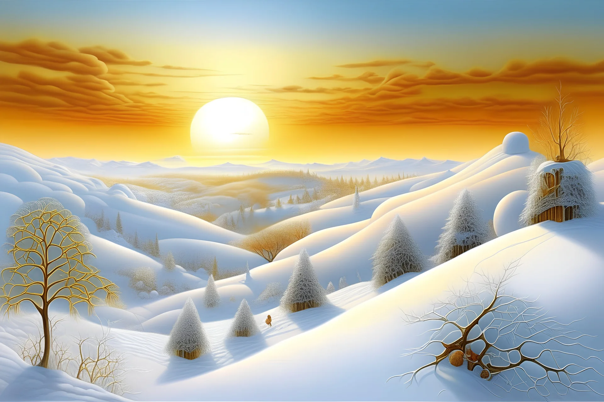 . white winter landscape, snowy and beautiful, sunset, soft, fog, frost, decorative acrylic painting, Jacek Yerka, Gediminas Prankevicius, polished, mark raidan, polished, highly detailed, elegant, Award winning photography, fantasy, intricate, 8k, oil on canvas, hyperrealistic, colourful, very cute, Michelangelo, Thomas Kinkade, 3D, Josephine wall. Antoine Hebert, Maurice Sendak