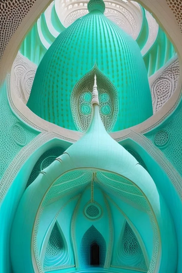 inside a turquoise mosque in a vertical Nautilus shell by artist "Dorian Haqmoun"