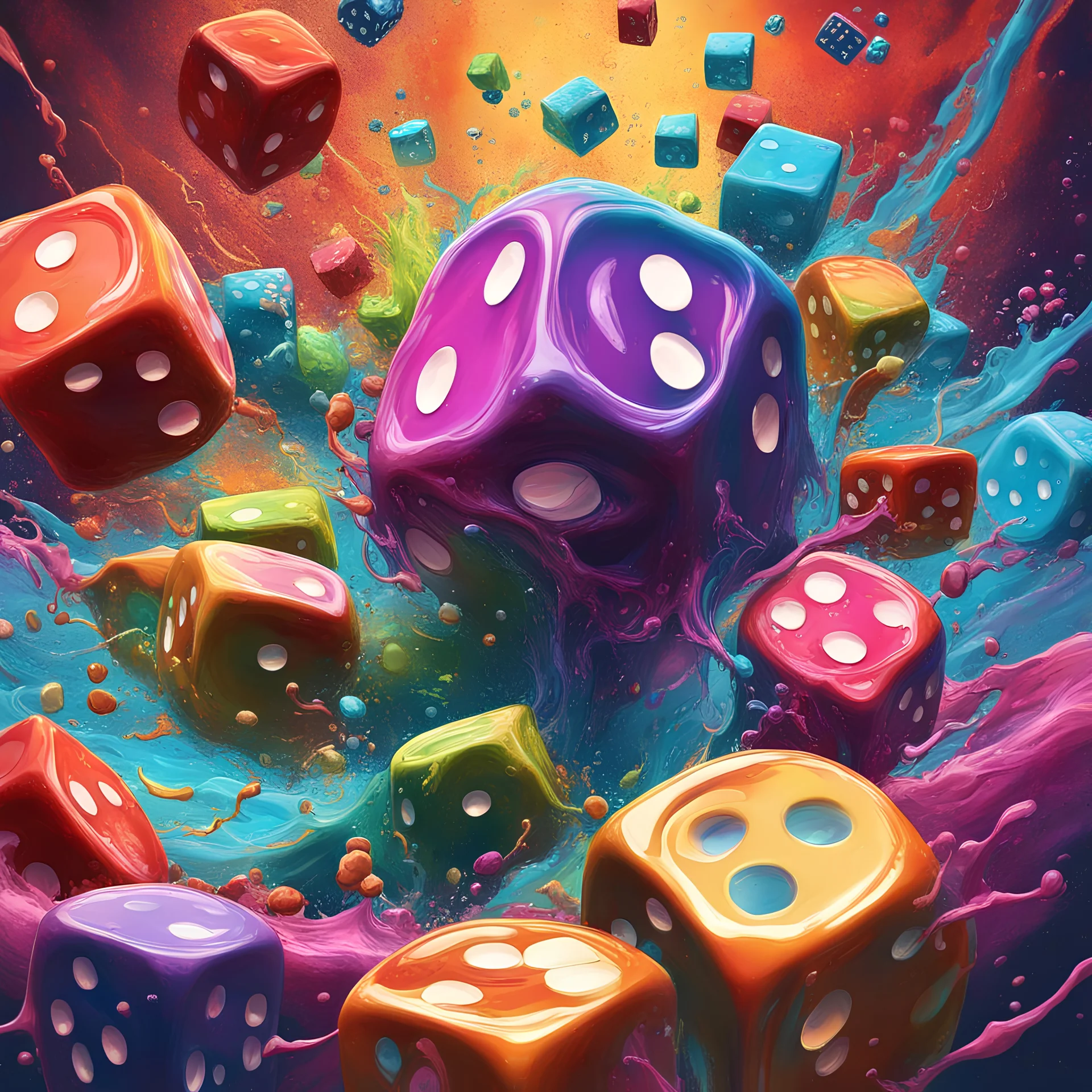 Splash Art, A Liquid Portrait Of A dice Made Of Colours, Splash Style Of Colourful Paint, Hyperdetailed Intricately Detailed, Fantastical, Intricate Detail, Splash Screen, Complementary Colours, Liquid, Gooey, Slime, Splashy, Fantasy, Concept Art, 8k Resolution, Masterpiece, Melting, Complex Background, Intricate Detailed, Bright Colors, Fantasy, Concept Art, Digital Art, Intricate, Oil On Canvas, Masterpiece, Expert, Insanely Detailed, 4k Resolution