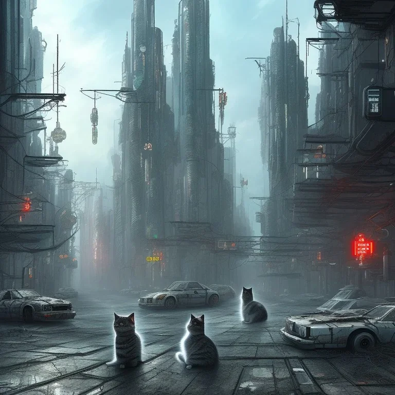  post-apocalyptic cat cyberpunk city, realistic