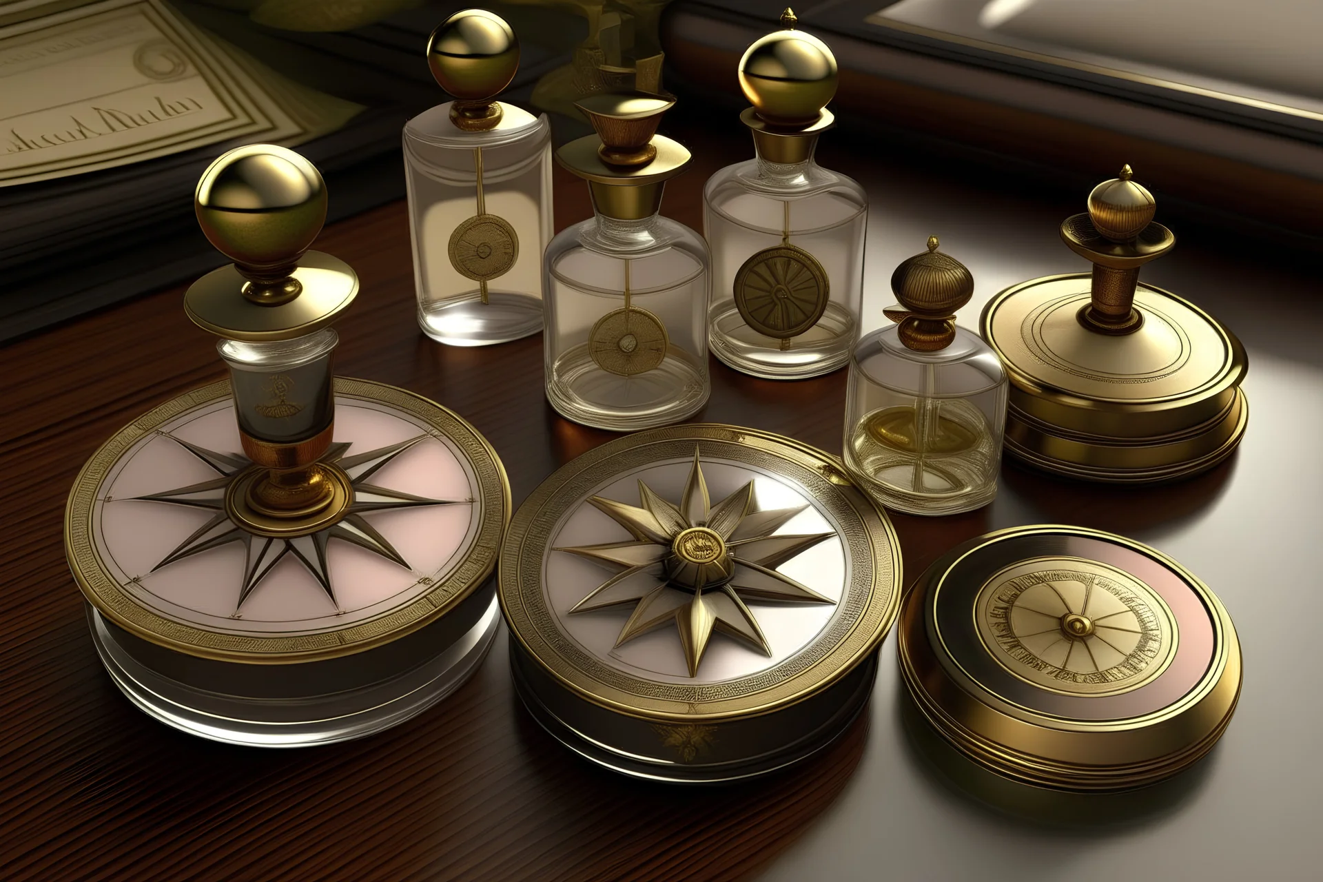 generate me an aesthetic complete image of Perfume Bottles with Antique Compass