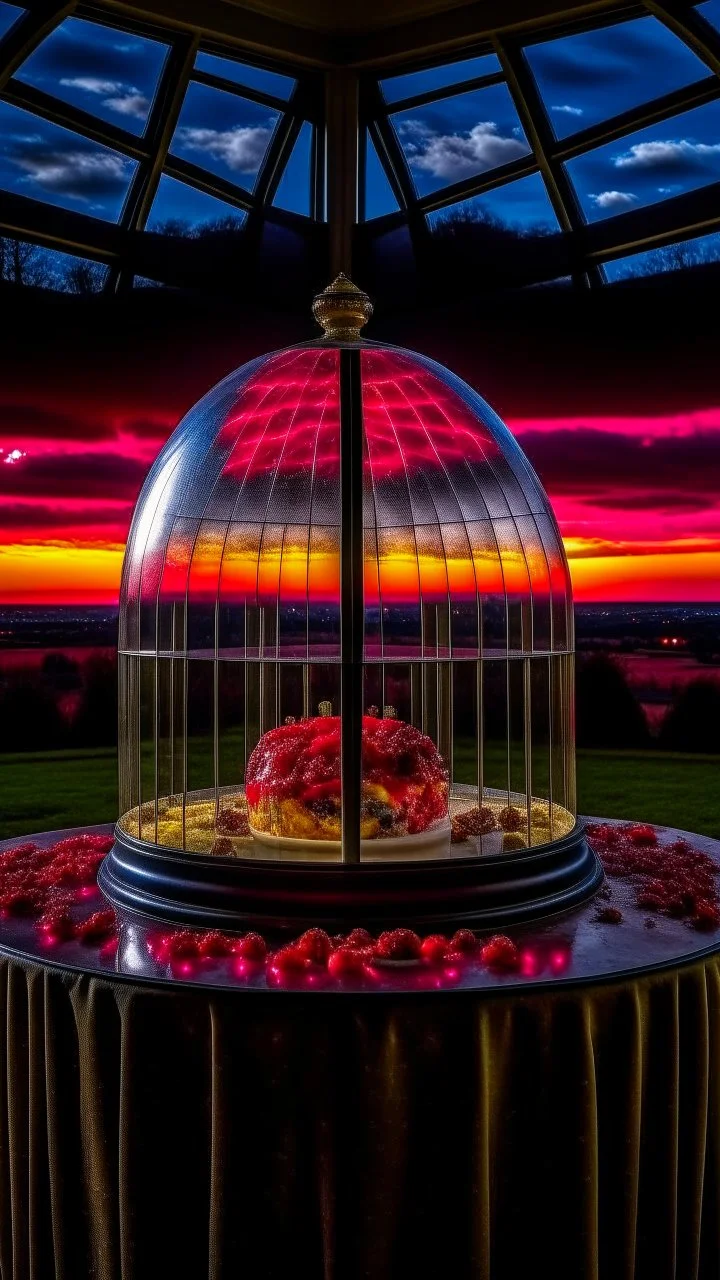 full shot of happy dandys eating cherries in a floating glass dome, dreamlike atmosphere, in the background the landscape burns like hell, in the style of jasper johns