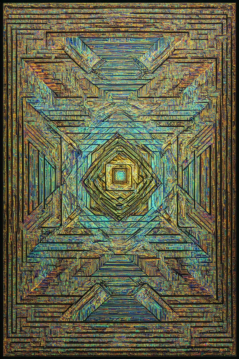 sacred geometry; Cubic multidimensional fractal optical art inspired by Escher filled in with Iridescent golden sides inspired by Klimt and colorful sides inspired by Klee