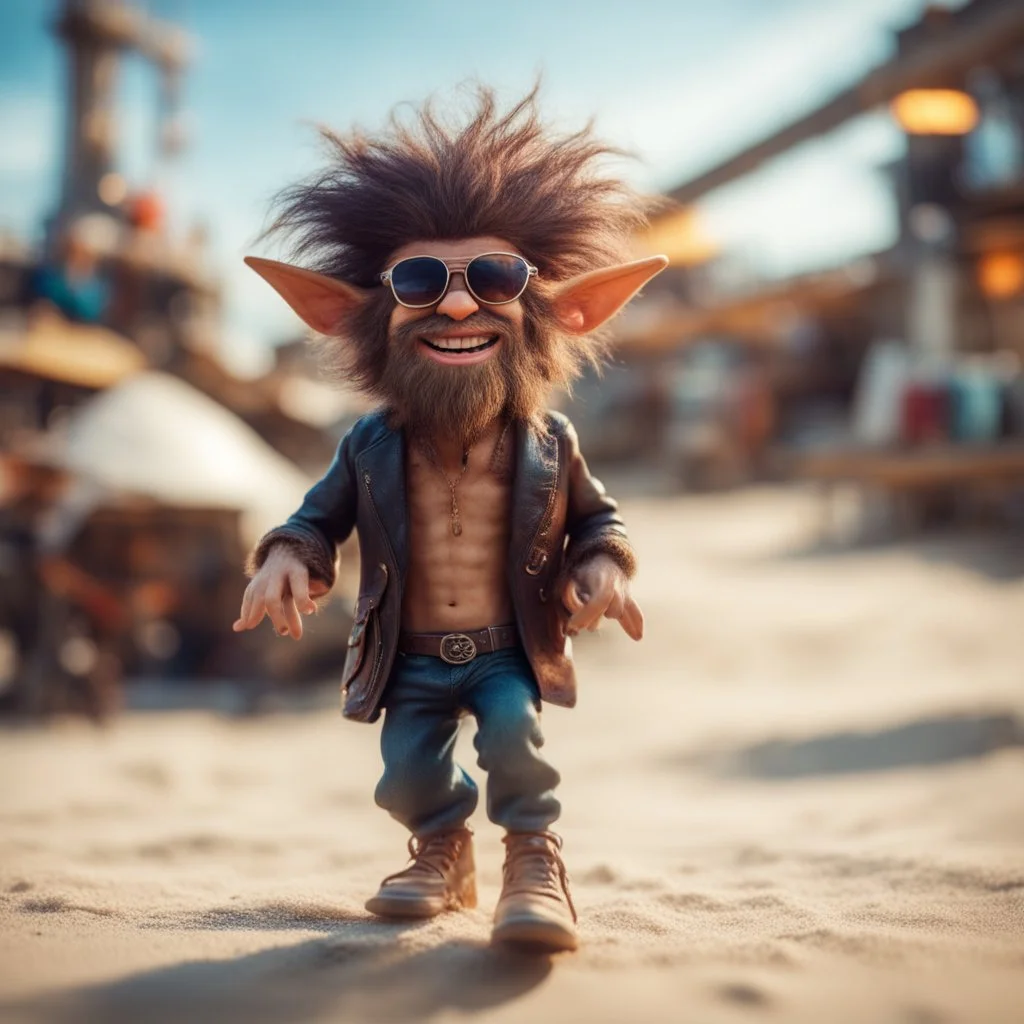 leather hairy pimp groove funk fairy gremlin hippie in running inside big thread mill on beach ,bokeh like f/0.8, tilt-shift lens 8k, high detail, smooth render, down-light, unreal engine