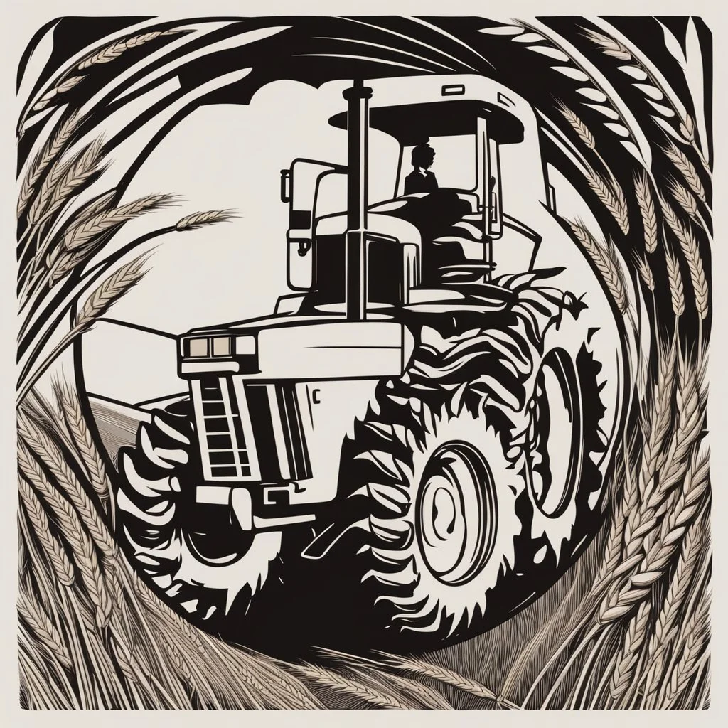 a circular frame made of spiraling wheat, a tractor at the center, thick line modern urban vector illustration, black on white vector