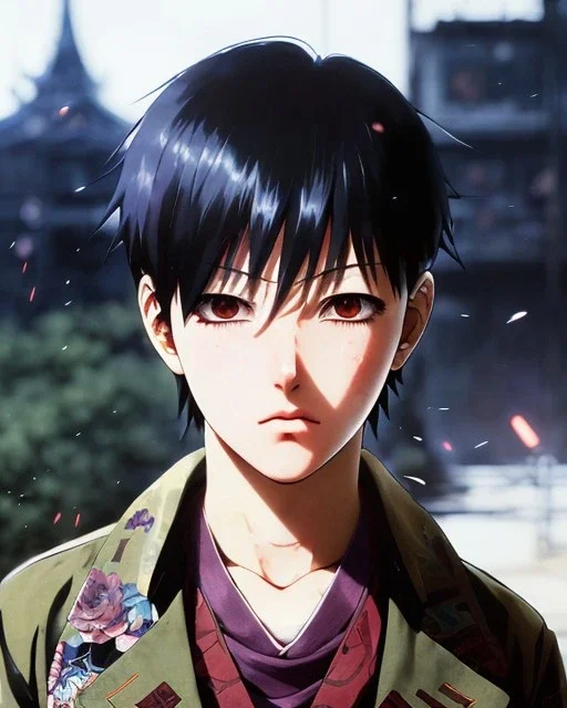 Detailed young anime boy crying, intricate details, full body portrait, keep head in frame, slight, black Japanese motif, concept art, highly detailed, digital painting, concept art, sharp focus, illustration, art by Yoji Shinkawa, WLOP and greg rutkowski and alphonse mucha and artgerm and yanjun Chen and Junji ito and Makoto Shinkai, HDR, octane render