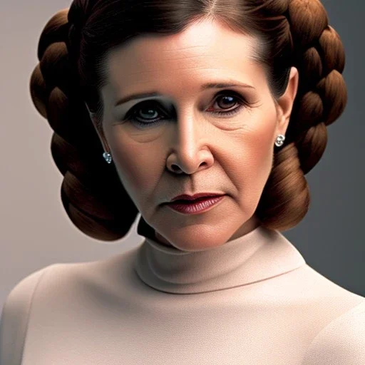 half-length color photo shoot, three-quarter face pose of carrie fisher as Princess Leia with realistic fine and very simple short hair, entrancing deep brown eyes, Intricate, High Detail, Sharp focus, realism, beautiful and detailed lighting, Nikon D850, ef 85mm 5.6 by Annie Leibovitz