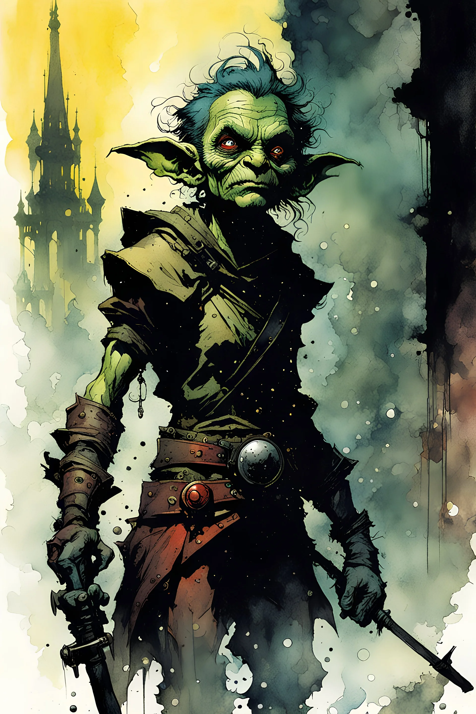 goblin female, create in inkwash and watercolor, carnival in the comic book art style of Mike Mignola, Bill Sienkiewicz and Jean Giraud Moebius, highly detailed, grainy, gritty textures, dramatic natural lighting