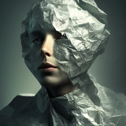 rendered in blender trash bag on his head and crumpled paper as a texture, collage paper and tape, slit - scan photography, high resolution, cinematic, unreal 6, breathtaking detailed