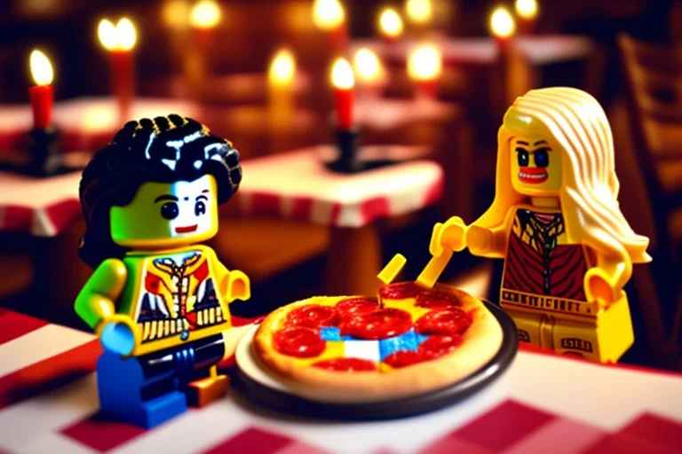 blonde lego girl and curly black haired lego boy eating lego pizza in an italian restaurant in candlelight