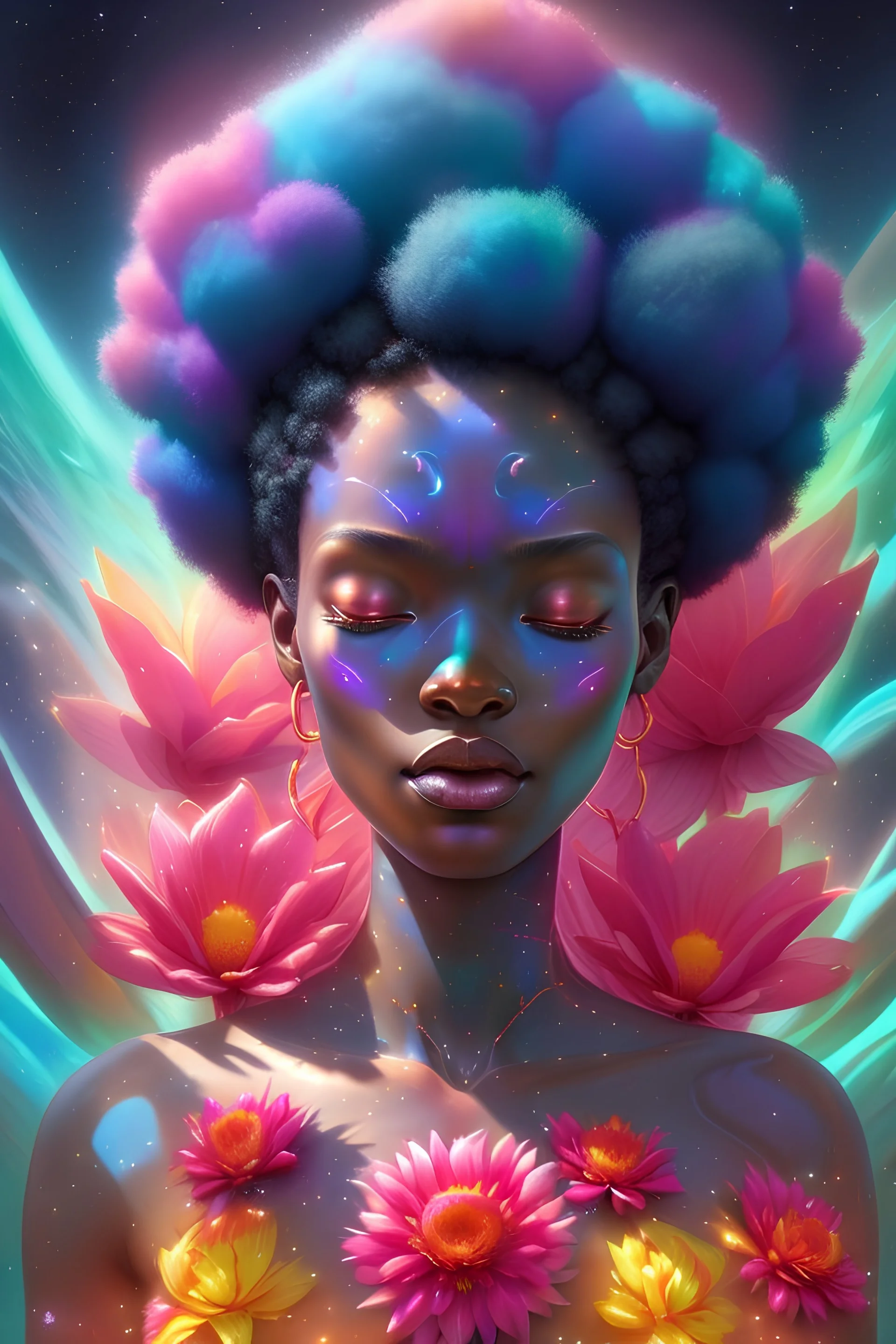 astral, concept art, Flowers, vibrant colors, digital painting, digital illustration, extreme detail, ultra hd, akihito yoshida, afro Woman in space, Meditating , Radiant , beautiful, radiant, polished