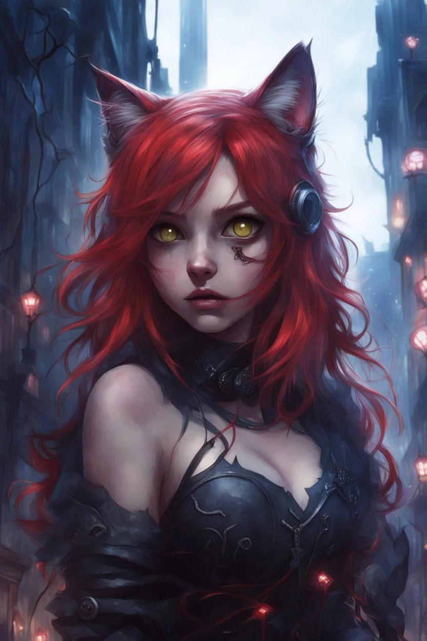 CAT GIRL, FANTASY, VINES, SOULLESS, FLUFFY TAIL, RED HAIR, METAL, CITY