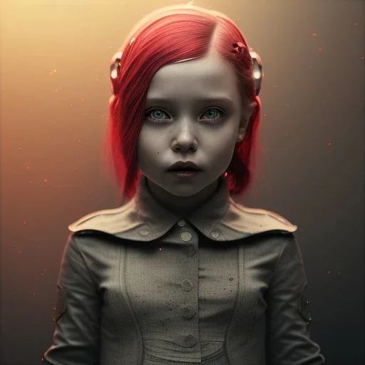 a little girl with a cyborg brain and a lot of red liquid, steam punk, scary, horror, realistic, made in octane, cinematic, ultra-realistic, extremely detailed octane rendering, 8K, VRAY Super Real ar 2:3, dof photorealistic futuristic 50mm lens hard lighting dark gray tintype photograph, realistic lighting, sephia colors