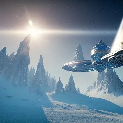 Spaceship landed on snowy mountain, sunny day. clear blue sky. gold. Elegant. Extremely detailed. Award winning photography. Fantasy. 8k. Cinematic lighting. Photorealistic. Dynamic lighting. Imperial colors. Crisp quality. Unreal Engine. Colourful cinematic postprocessing. Pixar. VRay.