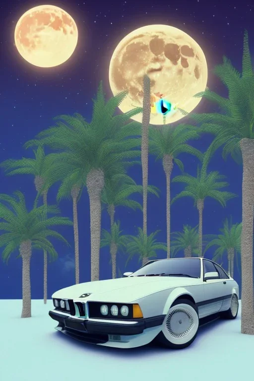 1980's aesthetic vaporwave palm trees with lighting with moon with bmw in the winter snow