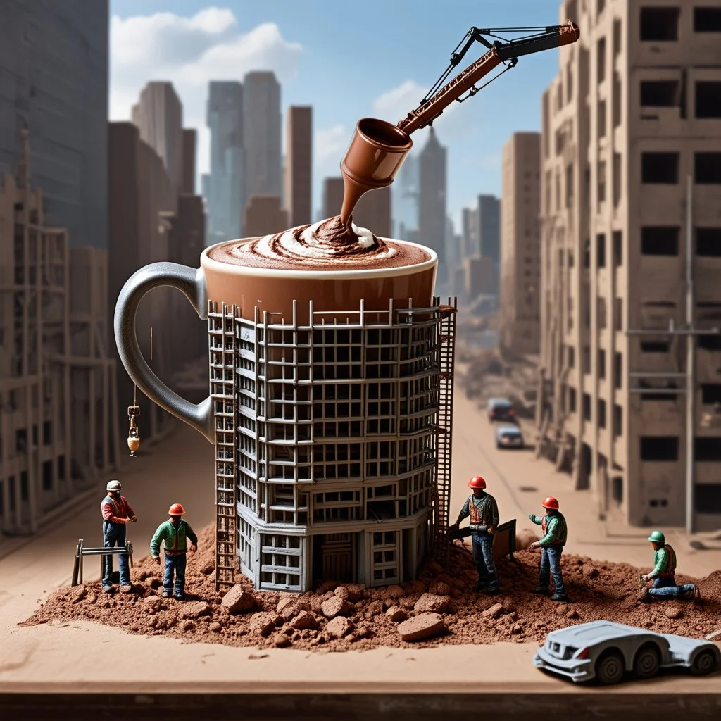 surreal miniaturism, colossal unfinished structure of a cup of hot chocolate being constructed by tiny workers, large syphon dumping hot chocolate into structure, scaffolding and ladders and buttressing and cranes, Giger-like, liminal busy worksite, metaphoric, digital photography, background is a pre-industrial city of similarly constructed ceramic glasses