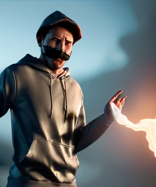 Realistic image, waist up view, a guy making the fuck you gesture with his hand, blue smoke coming out of his nose and mouth, happy. Latex cloth, inflatable hoodie, soft color, highly detailed, unreal engine 5, ray tracing, RTX, lumen lighting, ultra detail, volumetric lighting, 3d, finely drawn, high definition, high resolution.