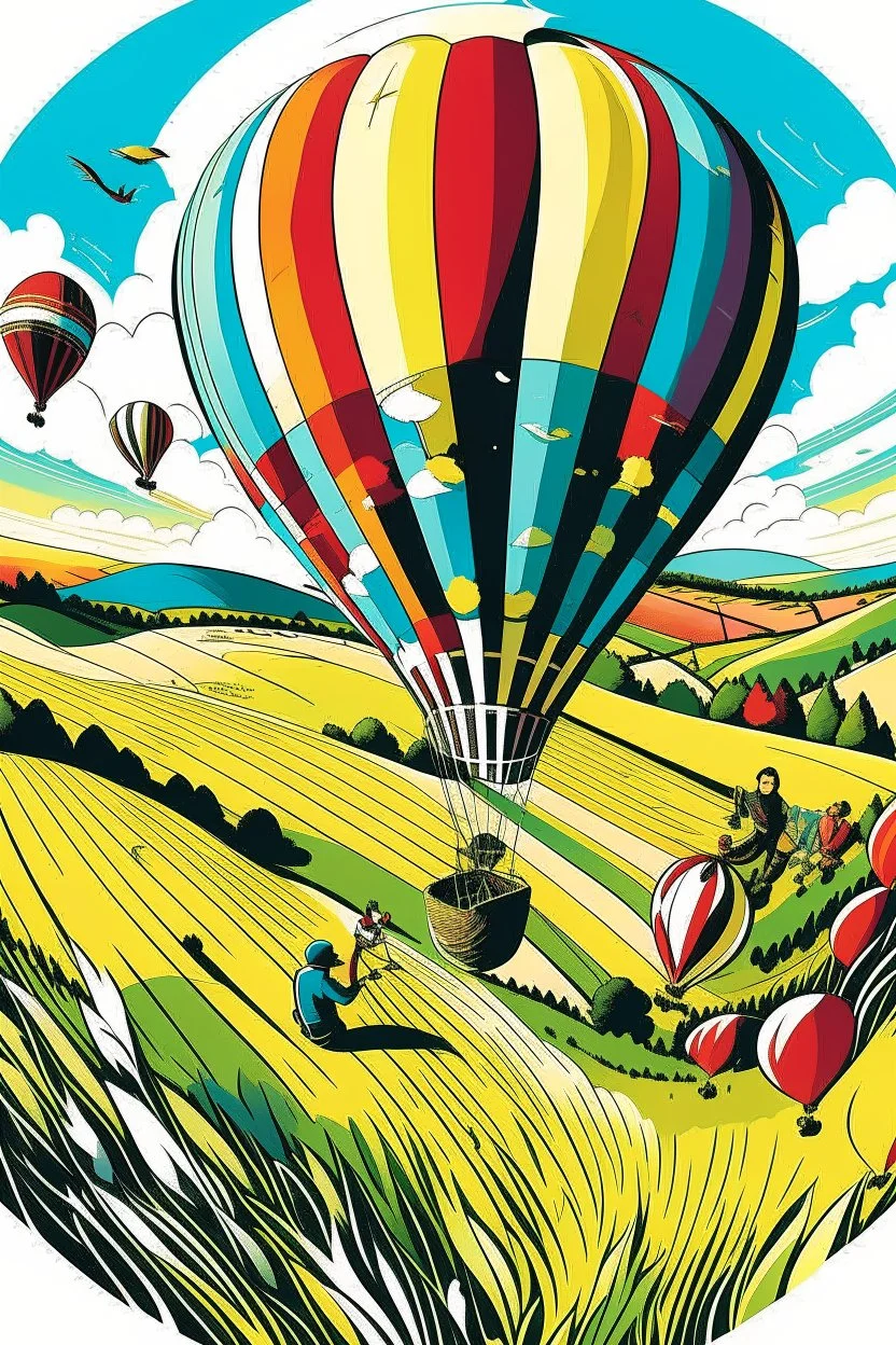 A GoPro camera is attached to the underside of a hot air balloon, capturing a breathtaking view of rolling hills and colorful patchwork fields below. A flock of geese flies alongside the balloon, casting long shadows against the landscape. Style: Dynamic, Mood: Euphoric, Lighting: Clear, bright sunlight, T-shirt design graphic, vector, contour, white background.