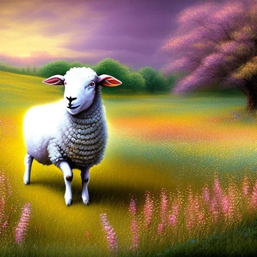 sheep wandering in a field of flowers