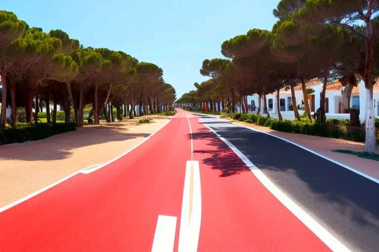 Day in quinta do lago, main avenida with two luxury car, with red cycling lane on both sides