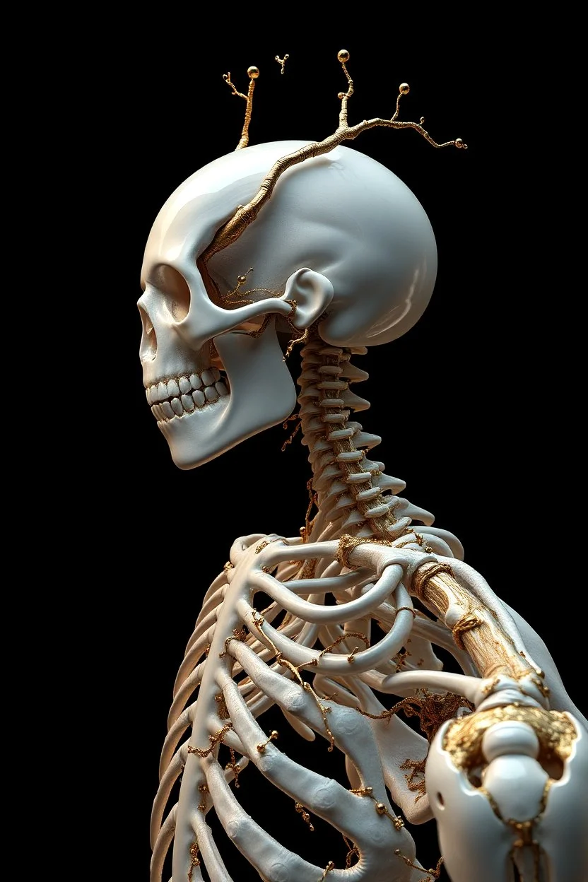 3D rendering of Expressively detailed and intricate of a hyperrealistic “human anatomy”: side view, scientific, single object, glossy white, shinning gold, vines, tribalism, black background, shamanism, cosmic fractals, octane render, 8k post-production, detailled metalic bones, dendritic, artstation: award-winning: professional portrait: atmospheric: commanding: fantastical: clarity: 16k: ultra quality: striking: brilliance: stunning colors: amazing depth