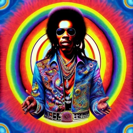 a realistic picture of Jimi Hendrix with dreadlocks, at a turntable with headphones on being a DJ, vivid color, with sunglasses, psychedelic trippy art, with UFOs in the background